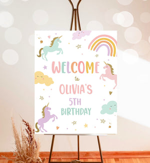Editable Unicorn Welcome Sign Pastel Unicorn Birthday Door Sign Rainbow Girl Magical Party Sign Poster Pink Template PRINTABLE Corjl 0426