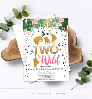 Editable Born Two Be Wild Birthday Invitation Girl Animals Jungle Safari Pink Gold 2nd Birthday Download Printable Template Corjl 0016