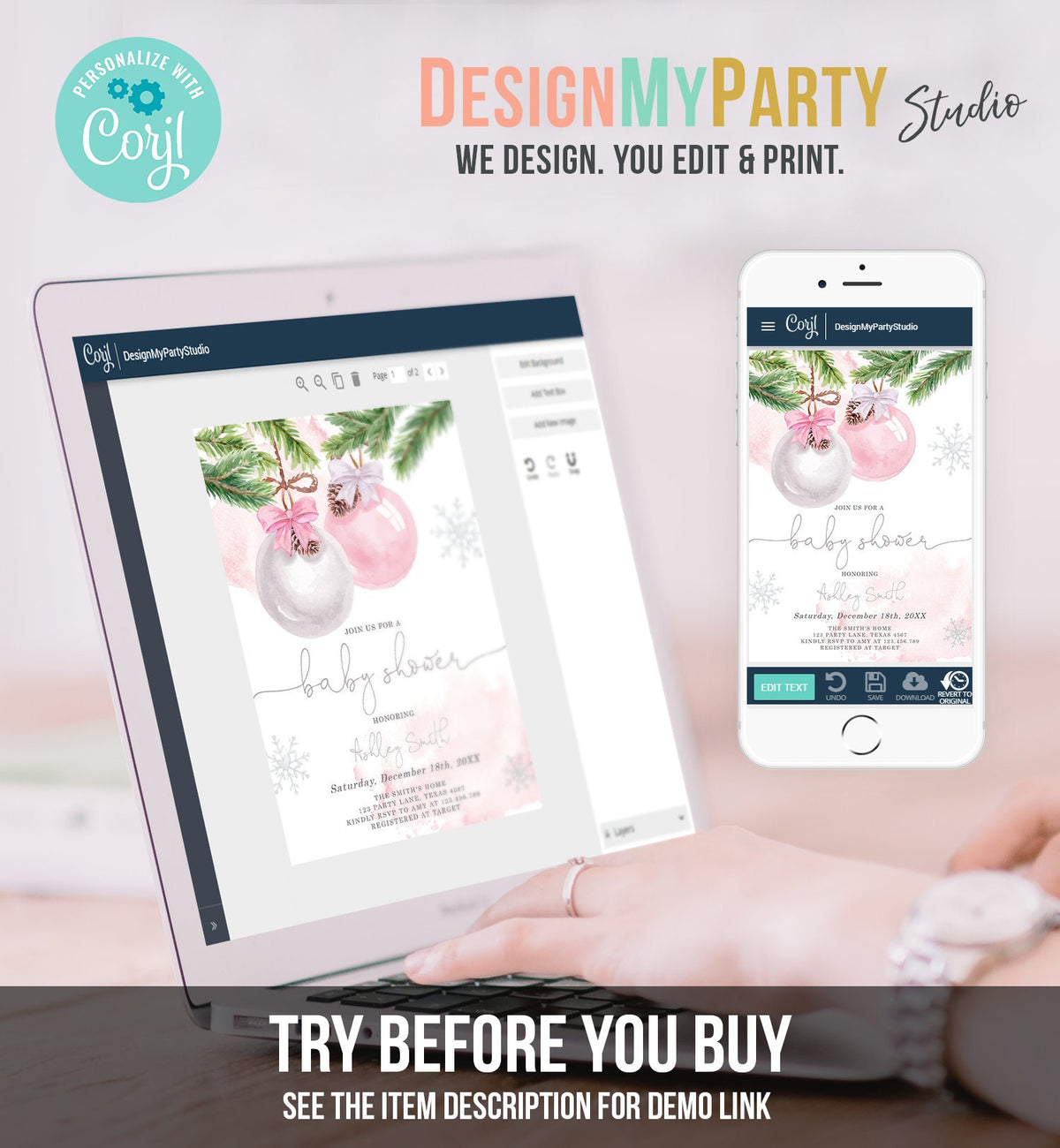 Editable Winter Baby Shower Invitation Baby It&#39;s Cold Outside Christmas Baby Shower Girl Blush Pink Watercolor Template Download Corjl 0490