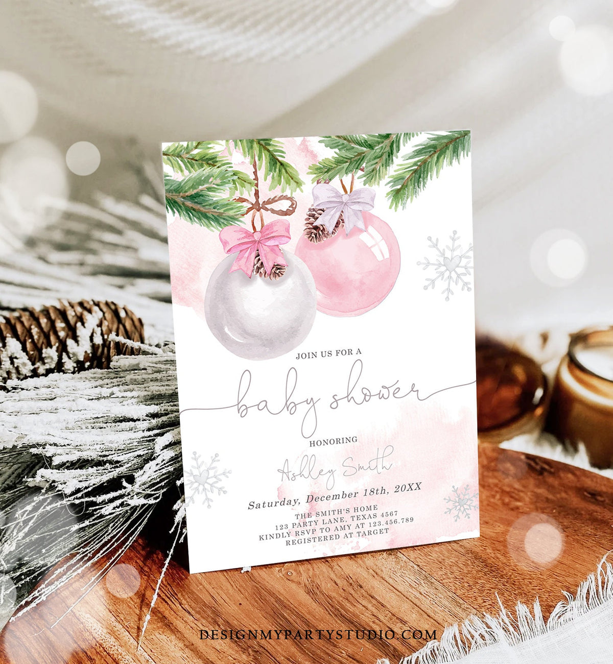 Editable Winter Baby Shower Invitation Baby It&#39;s Cold Outside Christmas Baby Shower Girl Blush Pink Watercolor Template Download Corjl 0490