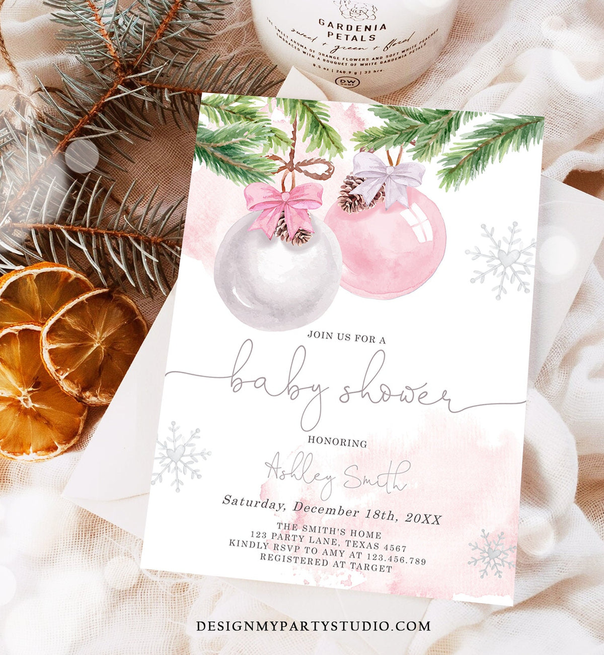 Editable Winter Baby Shower Invitation Baby It&#39;s Cold Outside Christmas Baby Shower Girl Blush Pink Watercolor Template Download Corjl 0490