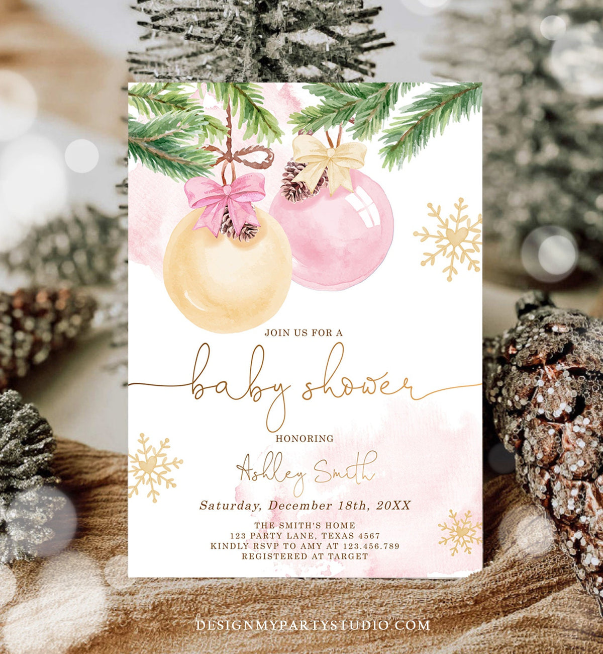 Editable Winter Baby Shower Invitation Baby It&#39;s Cold Outside Christmas Couples Girl Blush Pink Watercolor Digital Template Printable 0490