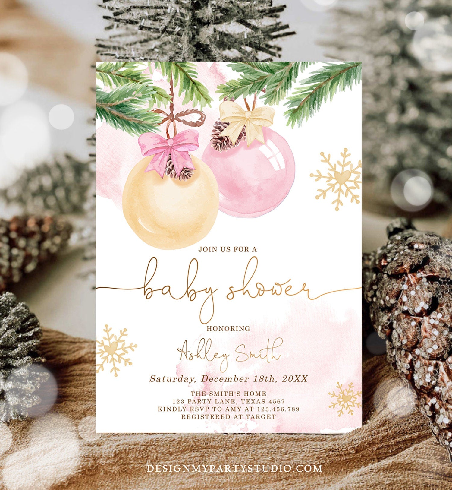 Editable Winter Baby Shower Invitation Baby It's Cold Outside Christmas Couples Girl Blush Pink Watercolor Digital Template Printable 0490