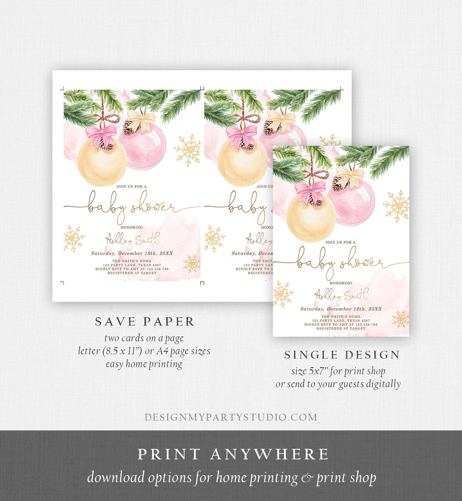 Editable Winter Baby Shower Invitation Baby It's Cold Outside Christmas Couples Girl Blush Pink Watercolor Digital Template Printable 0490