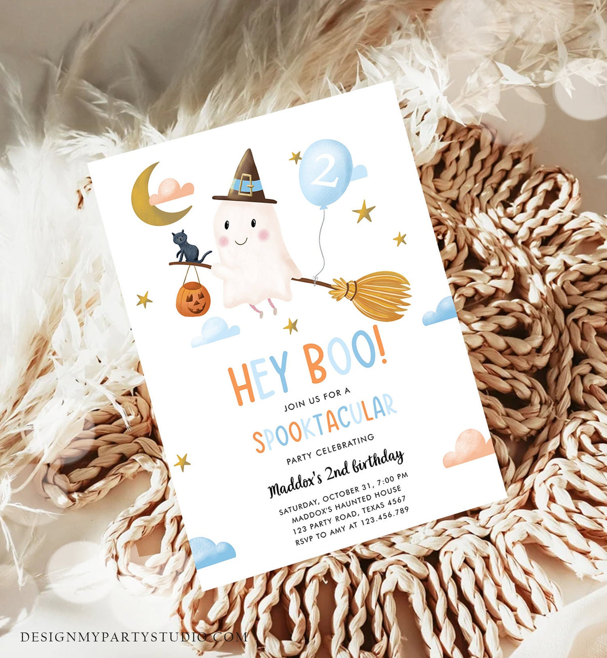 Editable Halloween Birthday Invitation Boy Ghost Costume Party Blue Kids Spooktacular Spooky Hey Boo Printable Template Evite 0479 0009