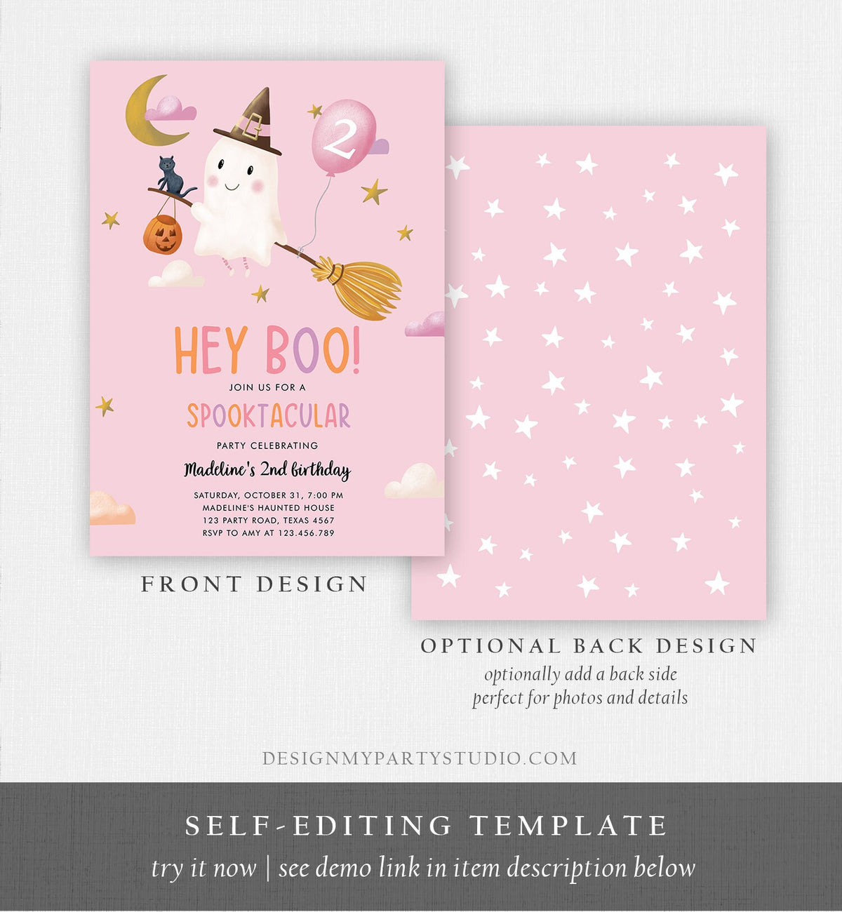 Editable Halloween Birthday Invitation Girl Ghost Costume Party Pink Spooktacular Spooky Hey Boo Digital Download Template Printable 0479