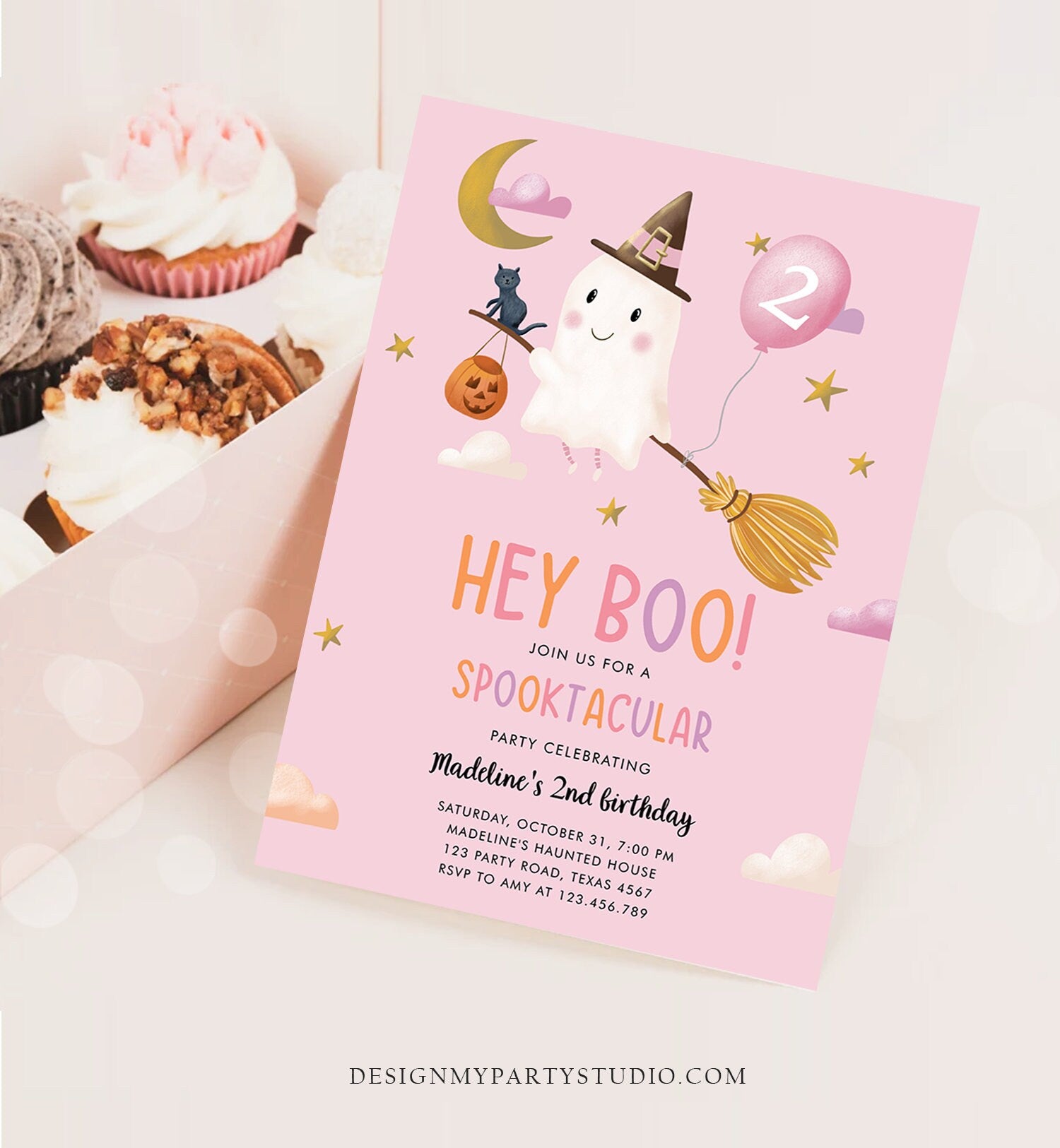 Editable Halloween Birthday Invitation Girl Ghost Costume Party Pink Spooktacular Spooky Hey Boo Digital Download Template Printable 0479