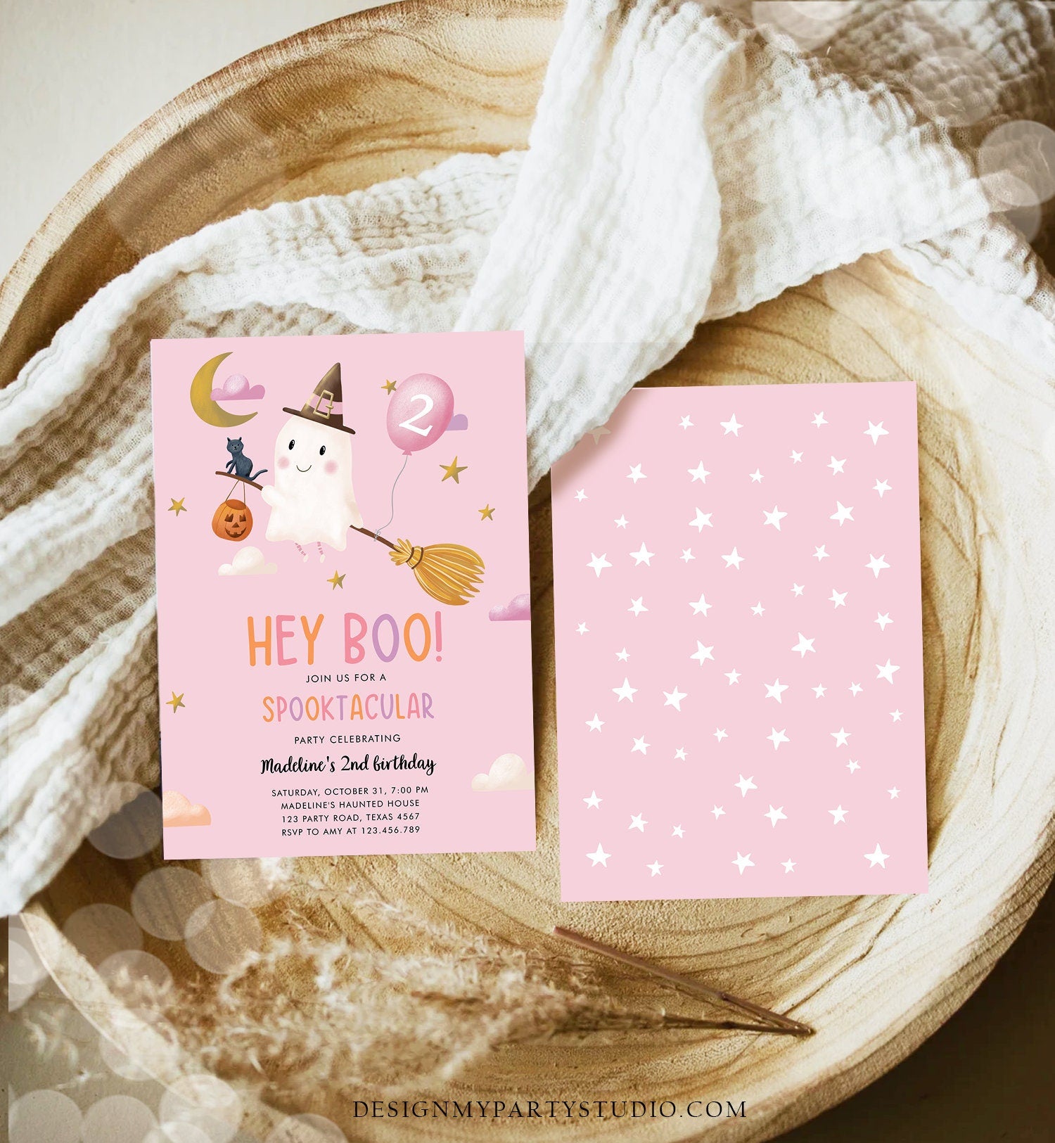 Editable Halloween Birthday Invitation Girl Ghost Costume Party Pink Spooktacular Spooky Hey Boo Digital Download Template Printable 0479