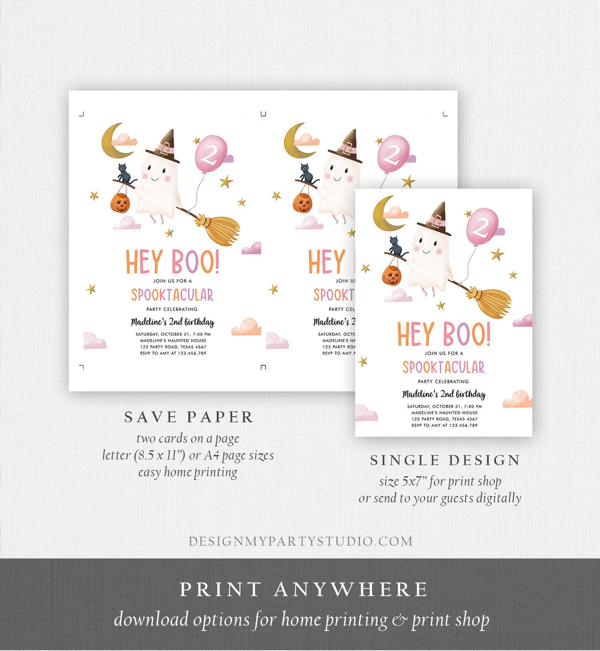 Editable Halloween Birthday Invitation Girl Ghost Costume Party Pink Kids Spooktacular Spooky Hey Boo Printable Template Evite 0479 0009