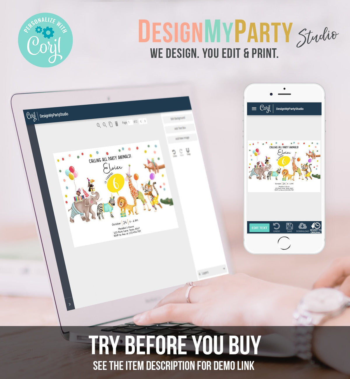 Editable Calling All Party Animals Birthday Invitation Wild One Jungle Zoo Safari Animals Boy Girl Digital Evite Template Printable 0482