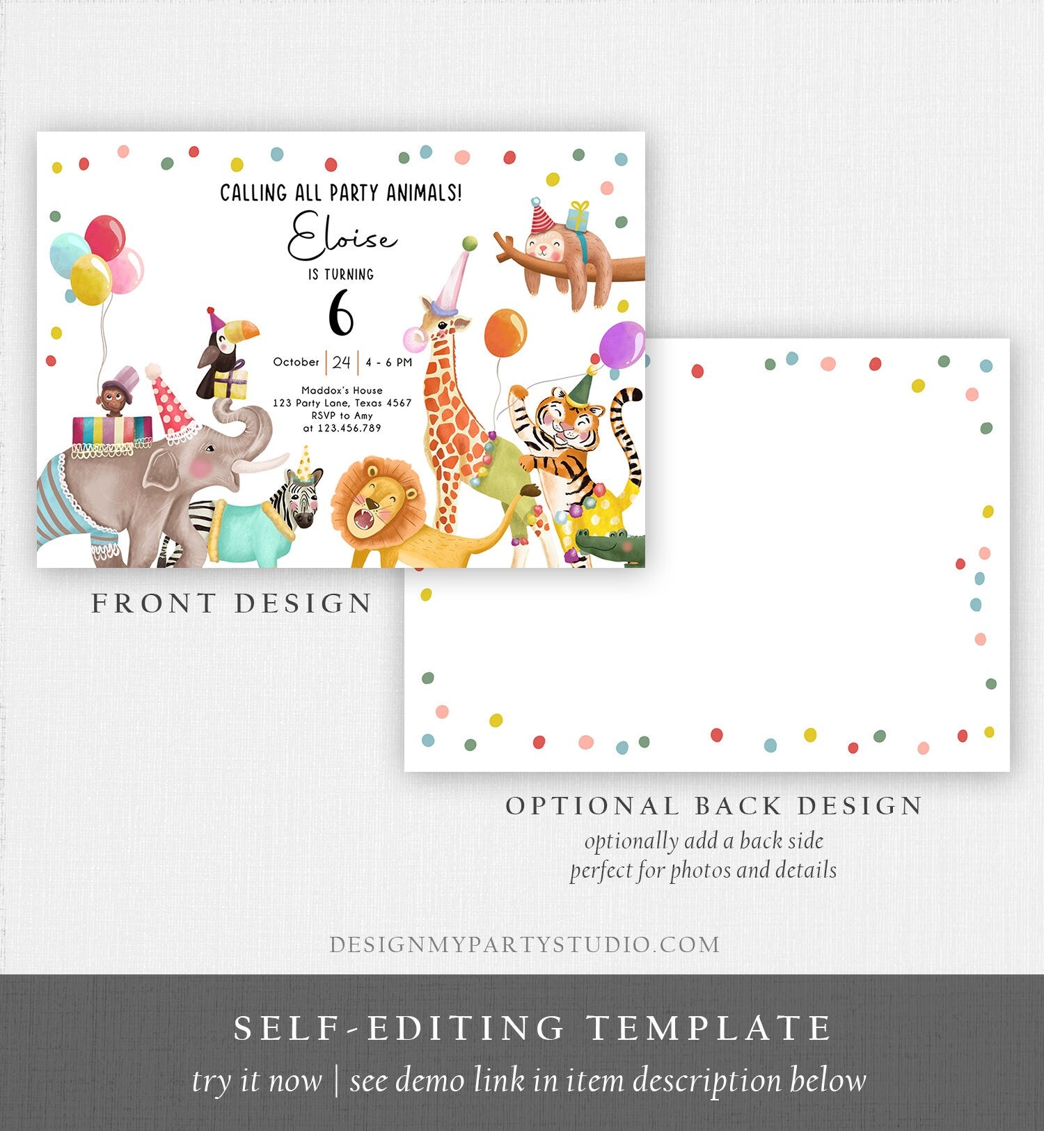 Editable Calling All Party Animals Birthday Invitation Wild One Jungle Zoo Safari Animals Boy Girl Digital Evite Template Printable 0482