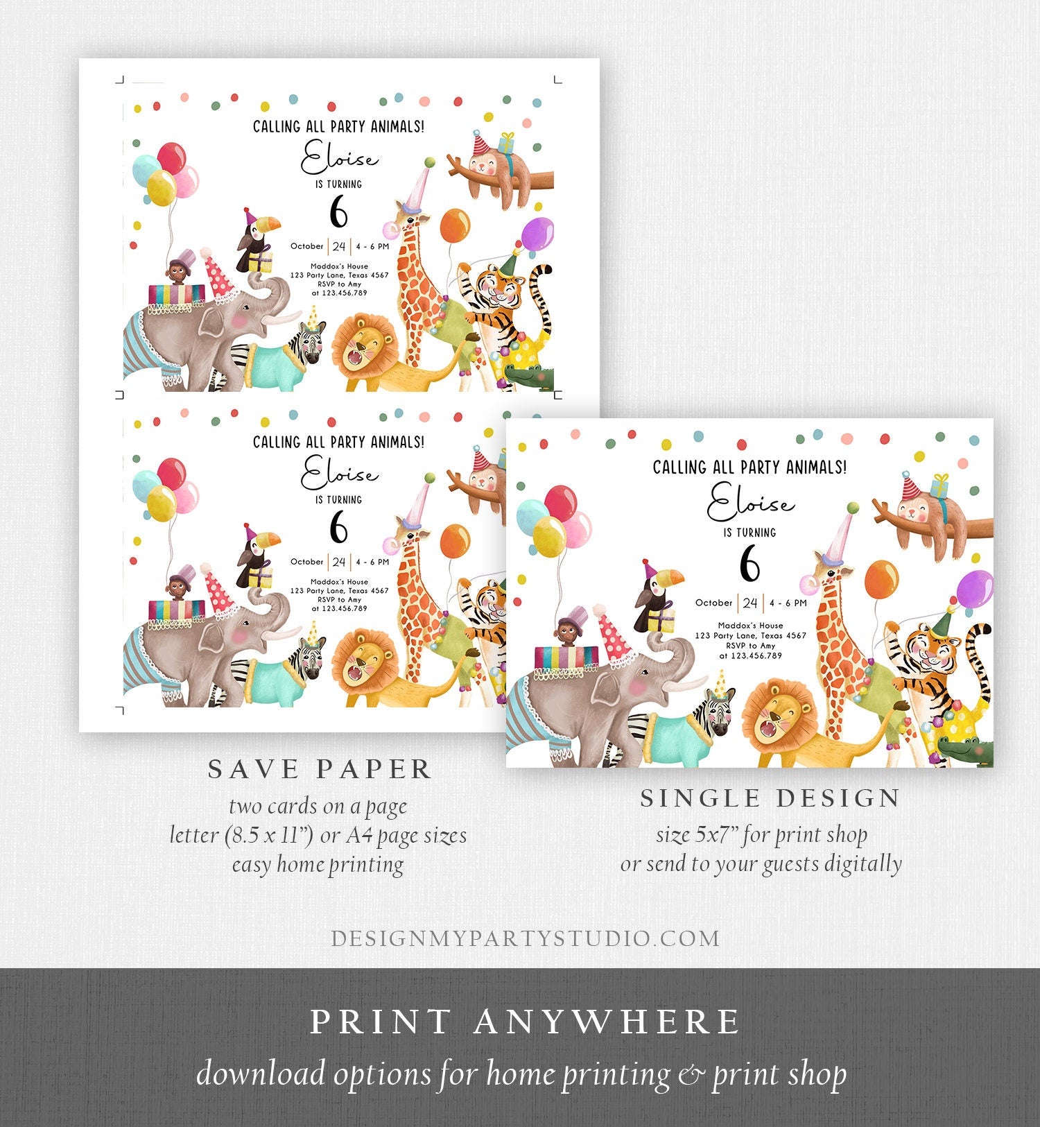 Editable Calling All Party Animals Birthday Invitation Wild One Jungle Zoo Safari Animals Boy Girl Digital Evite Template Printable 0482