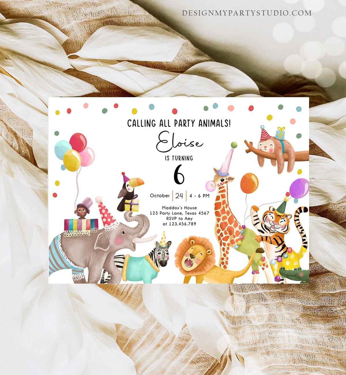 Editable Calling All Party Animals Birthday Invitation Wild One Jungle Zoo Safari Animals Boy Girl Digital Evite Template Printable 0482