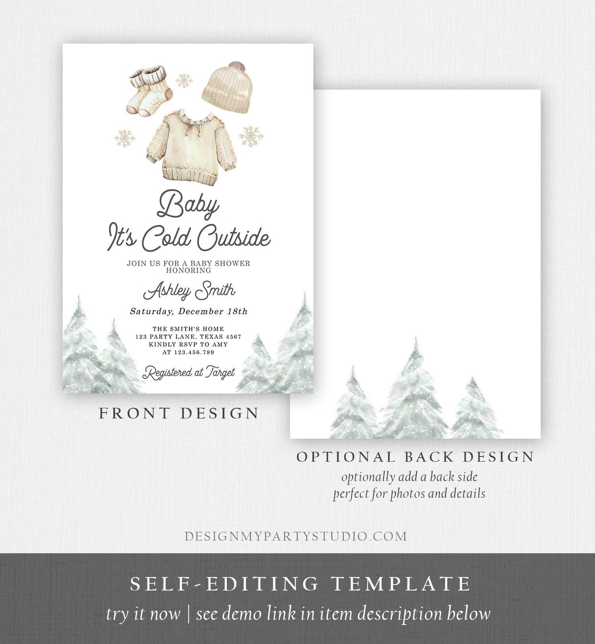 Editable Baby It&#39;s Cold Outside Invitation Winter Baby Shower Christmas Gender Neutral Baby Clothes Watercolor Template Download Corjl 0491