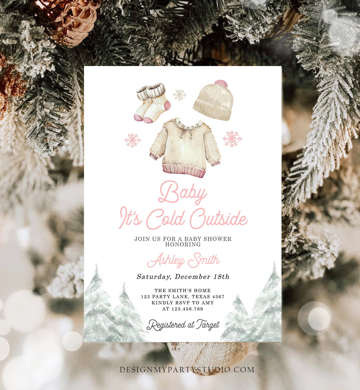 Editable Baby It&#39;s Cold Outside Invitation Winter Baby Shower Girl Christmas Pink Baby Clothes Watercolor Digital Template Printable 0491
