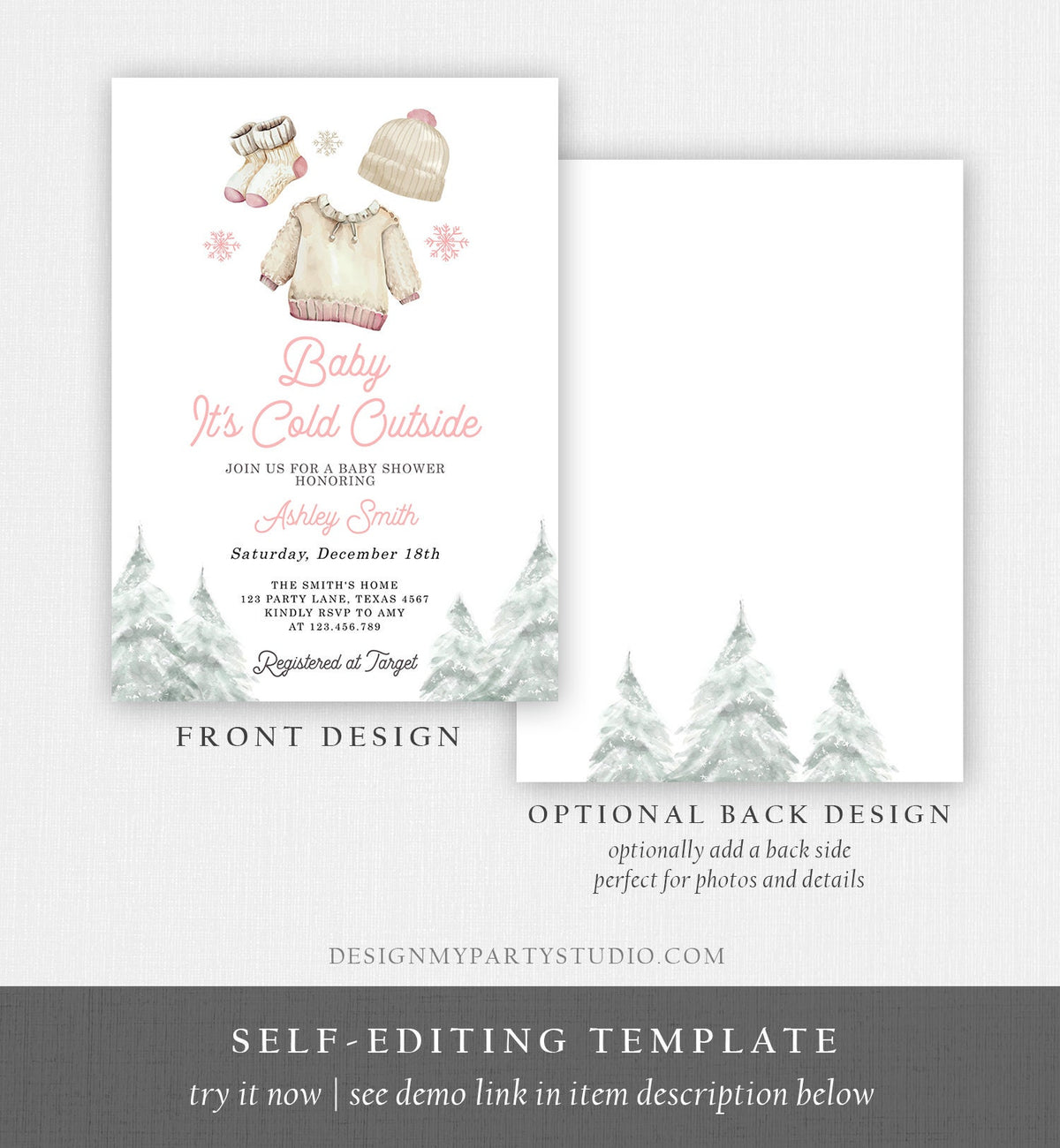 Editable Baby It&#39;s Cold Outside Invitation Winter Baby Shower Girl Christmas Pink Baby Clothes Watercolor Digital Template Printable 0491