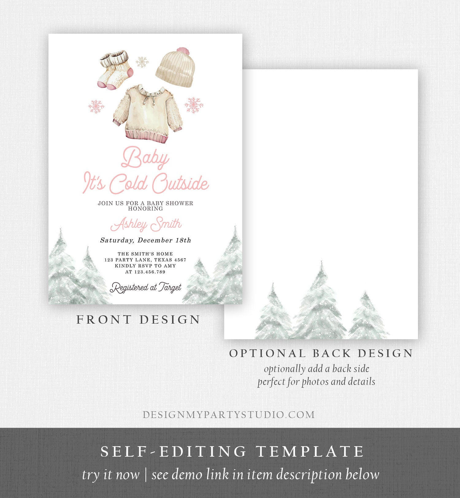 Editable Baby It's Cold Outside Invitation Winter Baby Shower Girl Christmas Pink Baby Clothes Watercolor Digital Template Printable 0491