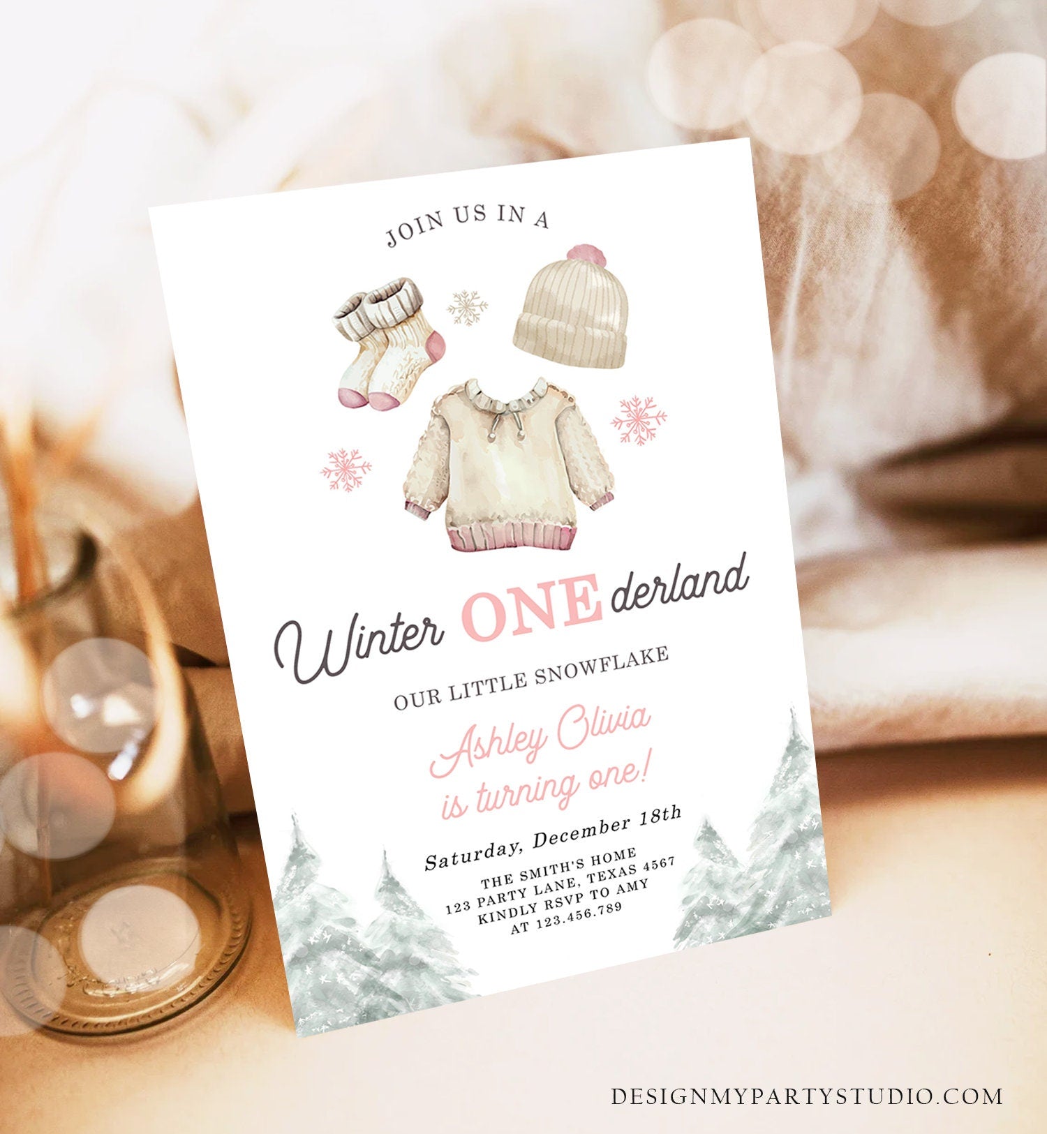 Editable Winter ONEderland Birthday Invitation First Birthday 1st Girl Pink Snow Tree Christmas Snowflake Digital Template Printable 0491