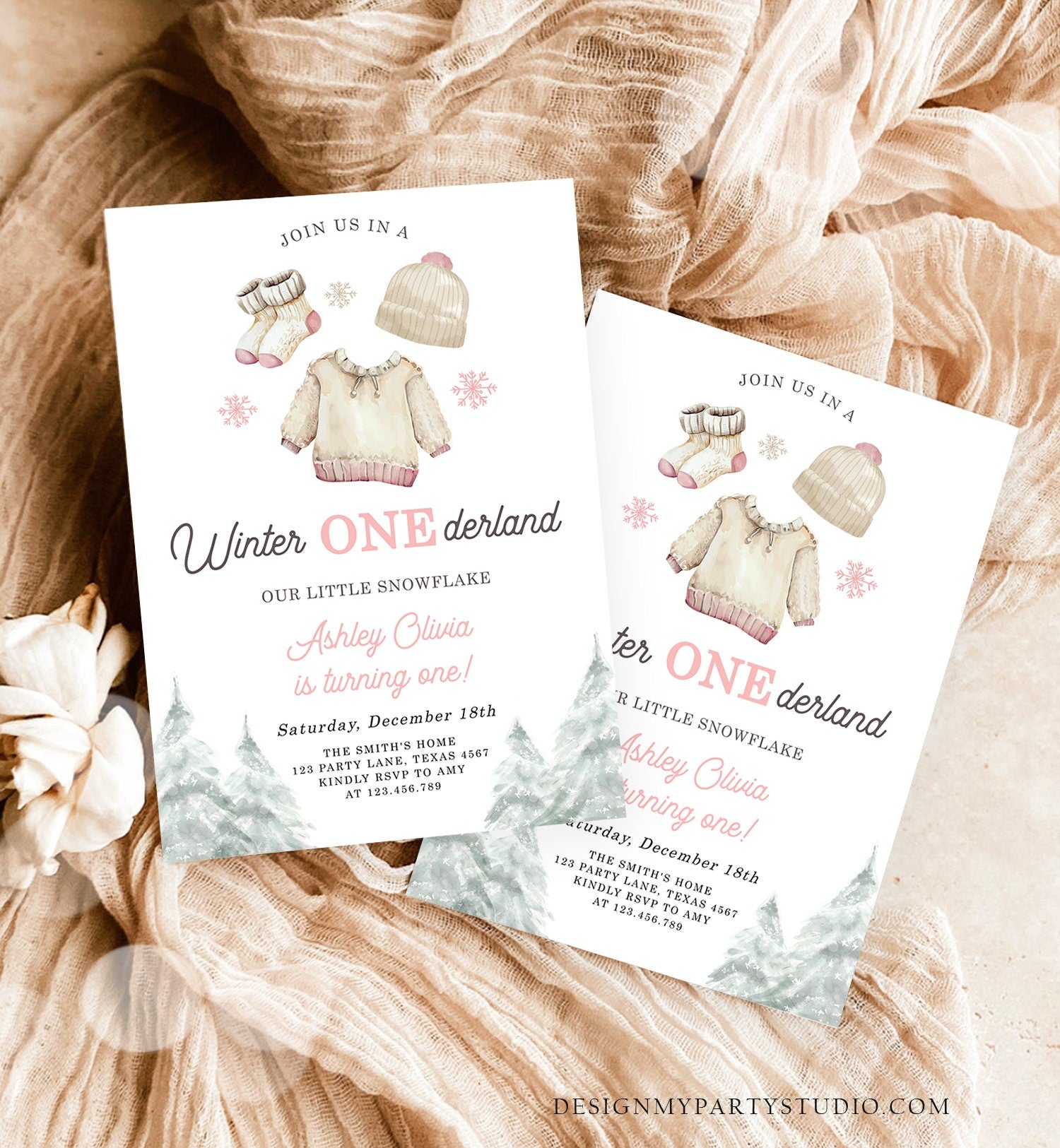 Editable Winter ONEderland Birthday Invitation First Birthday 1st Girl Pink Snow Tree Christmas Snowflake Digital Template Printable 0491