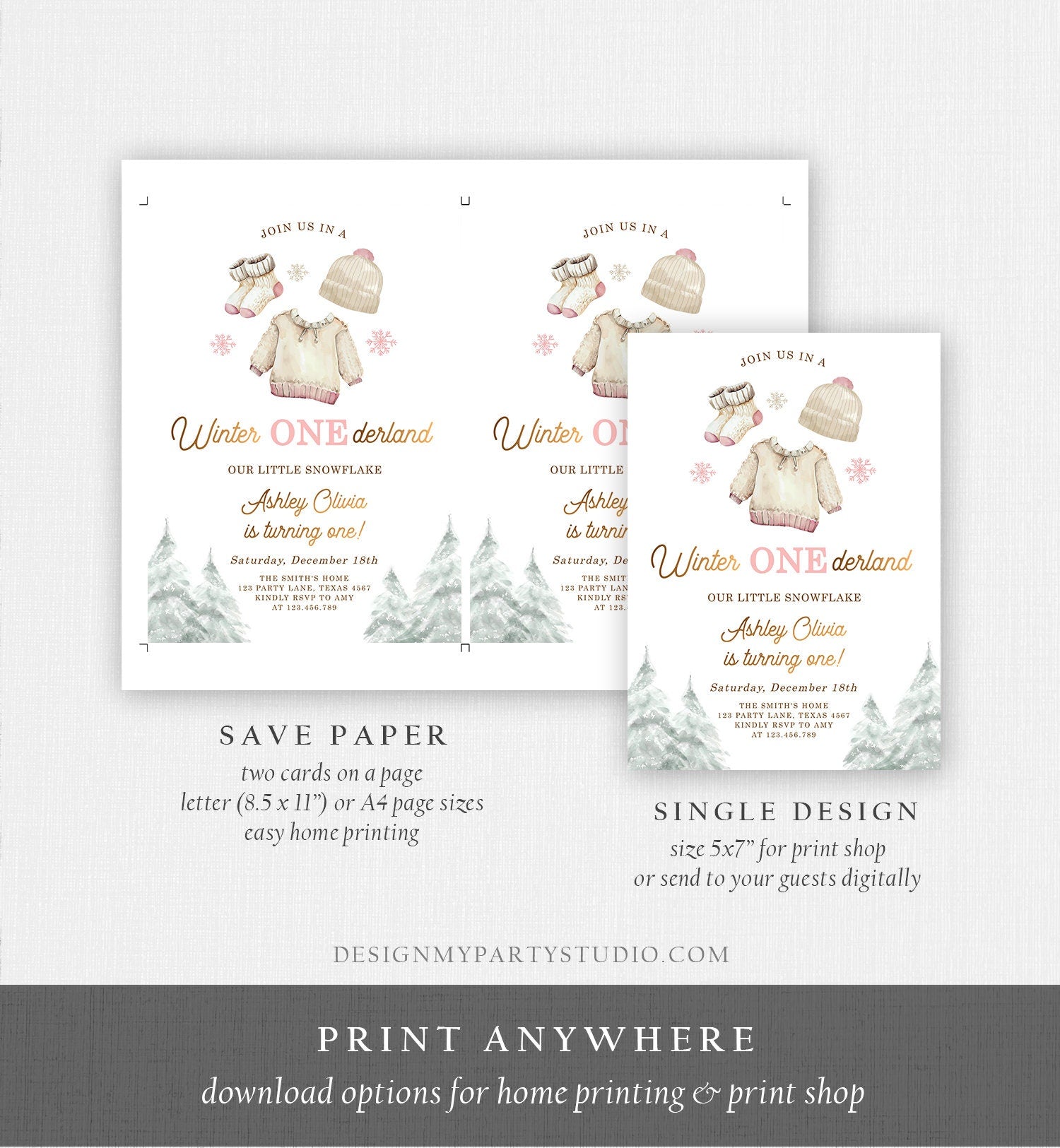 Editable Winter ONEderland Birthday Invitation First Birthday 1st Girl Pink Snow Gold Christmas Snowflake Digital Template Printable 0491