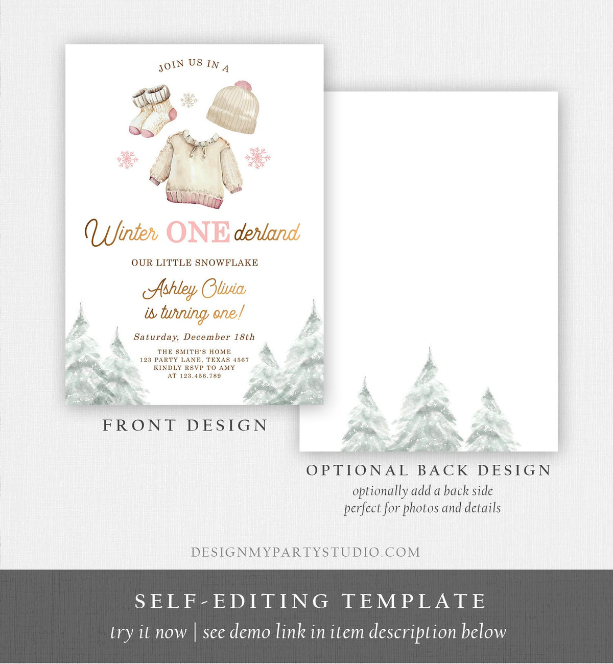 Editable Winter ONEderland Birthday Invitation First Birthday 1st Girl Pink Snow Gold Christmas Snowflake Digital Template Printable 0491
