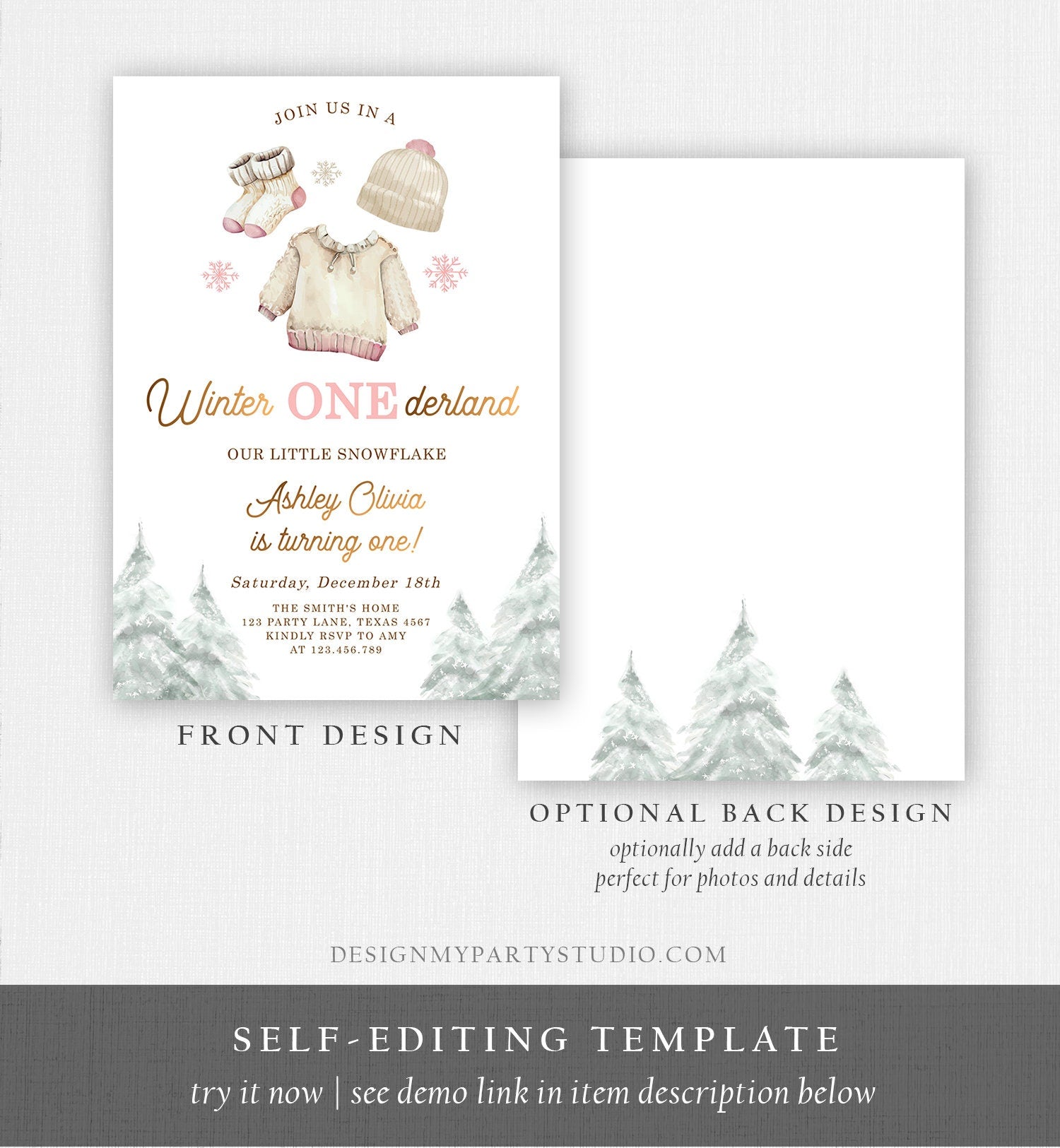 Editable Winter ONEderland Birthday Invitation First Birthday 1st Girl Pink Snow Gold Christmas Snowflake Digital Template Printable 0491