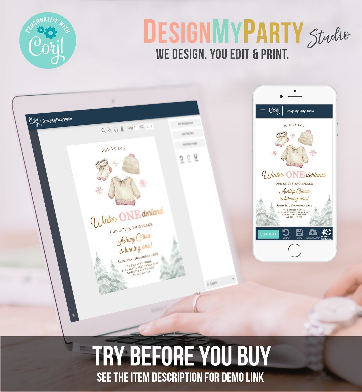 Editable Winter ONEderland Birthday Invitation First Birthday 1st Girl Pink Snow Gold Christmas Snowflake Digital Template Printable 0491