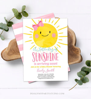 Editable A Ray of Sunshine Baby Shower Invitation Little Sunshine Pink Girl Bow Baby Girl Template Instant Download Digital Corjl 0141