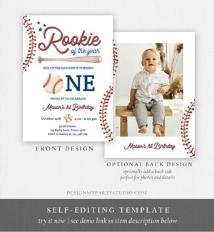 Editable Baseball First Birthday Invitation Rookie of The Year Invite Boy Birthday Little Slugger Download Template Digital Corjl 0492