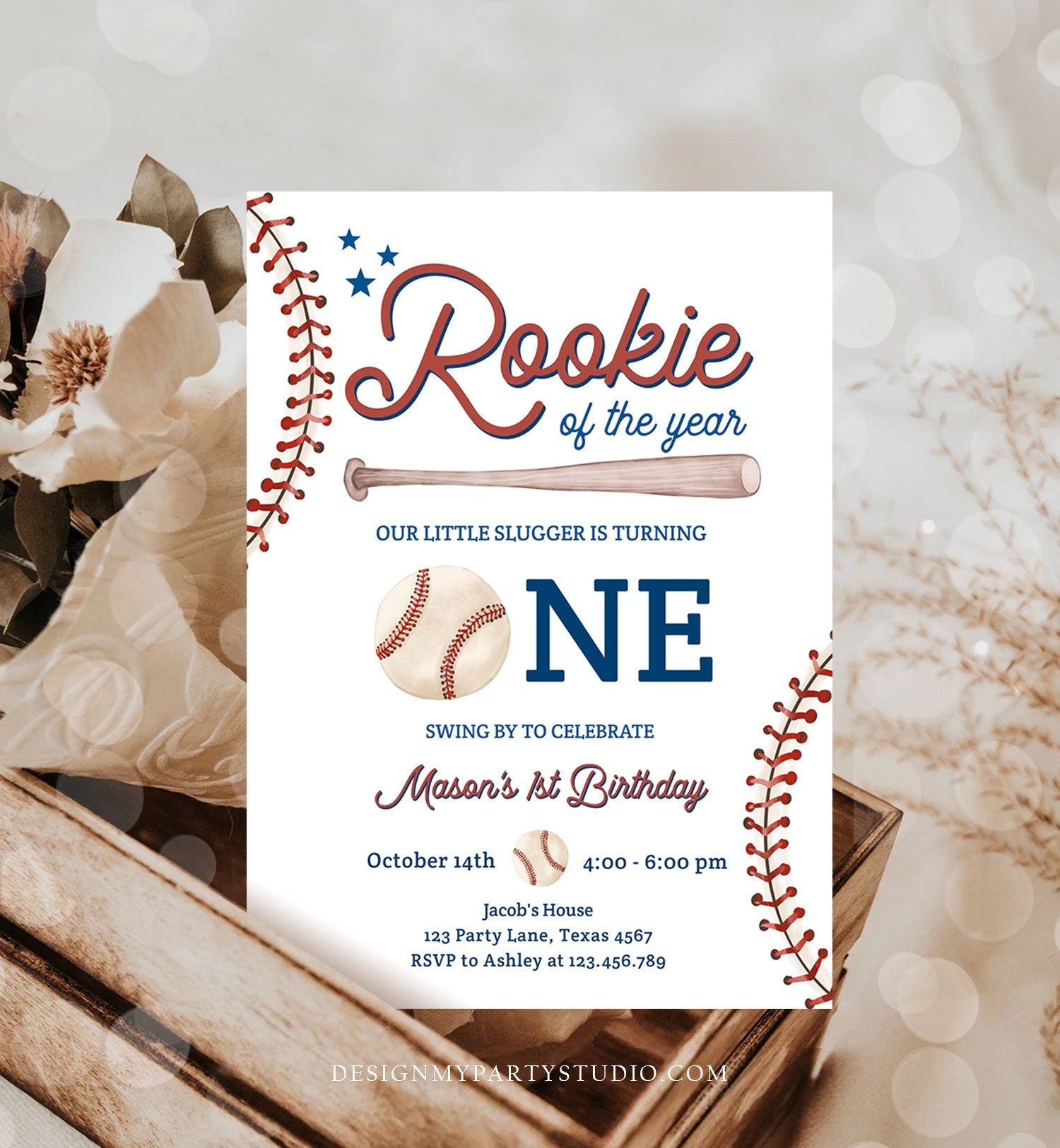 Editable Baseball First Birthday Invitation Rookie of The Year Invite Boy Birthday Little Slugger Digital Download Template Printable 0492