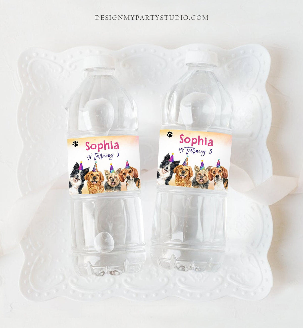 Editable Dog Water Bottle Label Dog Birthday Puppy Party Doggy Pet Vet Pawty Birthday Decor Girl Printable Bottle Wrap Template Digital 0460