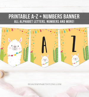 Llama Birthday Banner A-Z Alphabet Numbers Banner First Happy Birthday Banner Girl Mexican Fiesta Yellow Baby Shower Decor Printable 0079