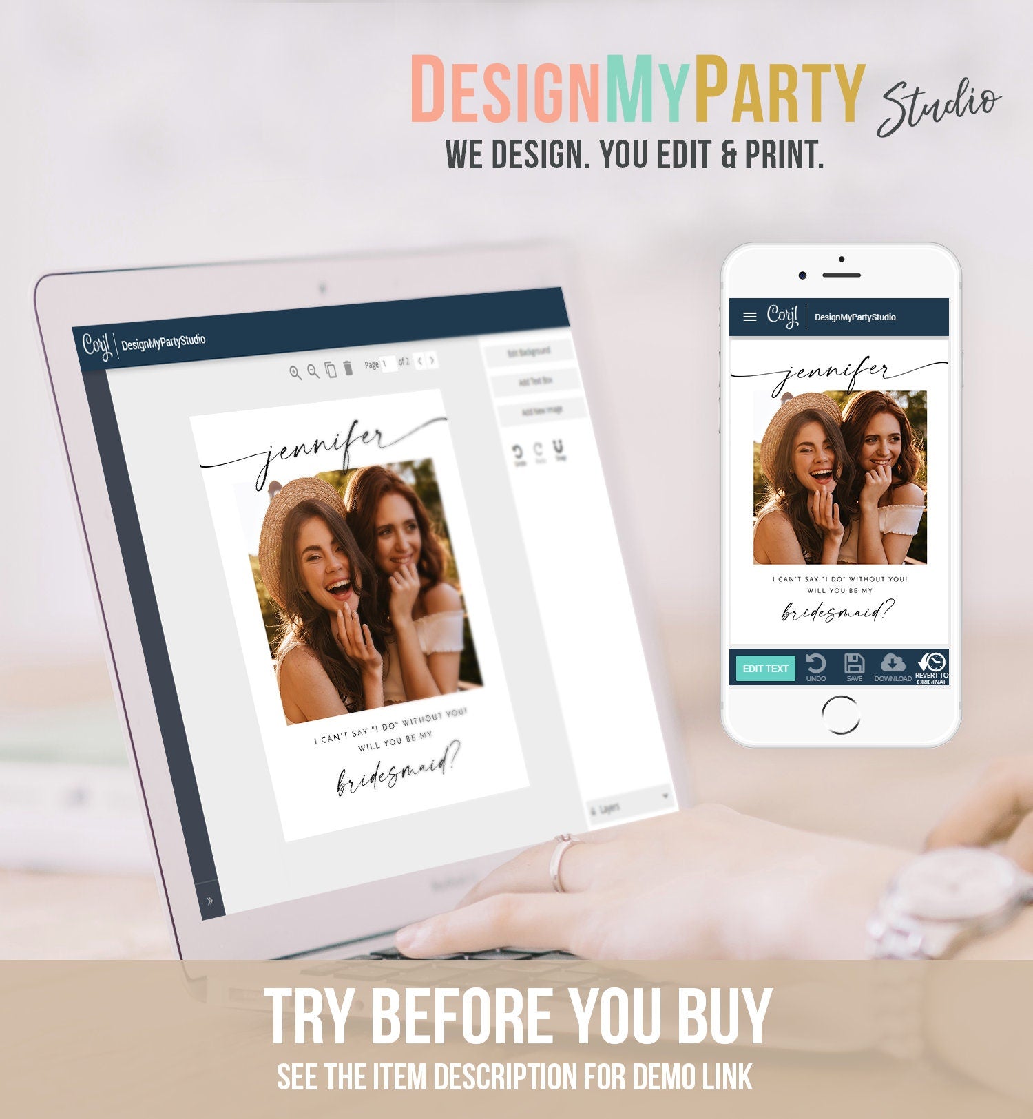 Editable Will You Be My Bridesmaid Card Proposal Photo Card Boho Rustic Modern Minimalist Wedding Calligraphy Evite Template Printable 0493