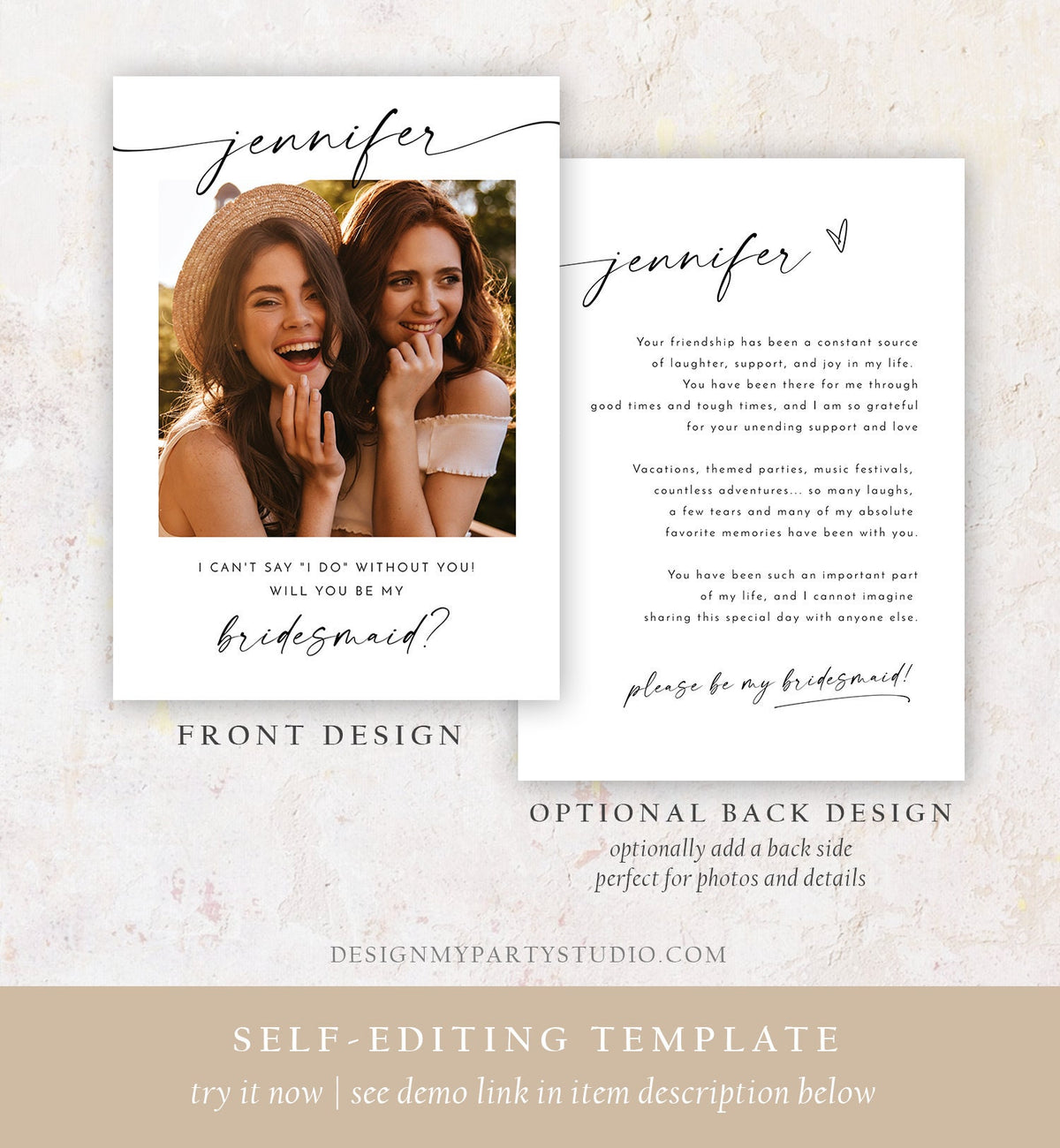 Editable Will You Be My Bridesmaid Card Proposal Photo Card Boho Rustic Modern Minimalist Wedding Calligraphy Evite Template Printable 0493