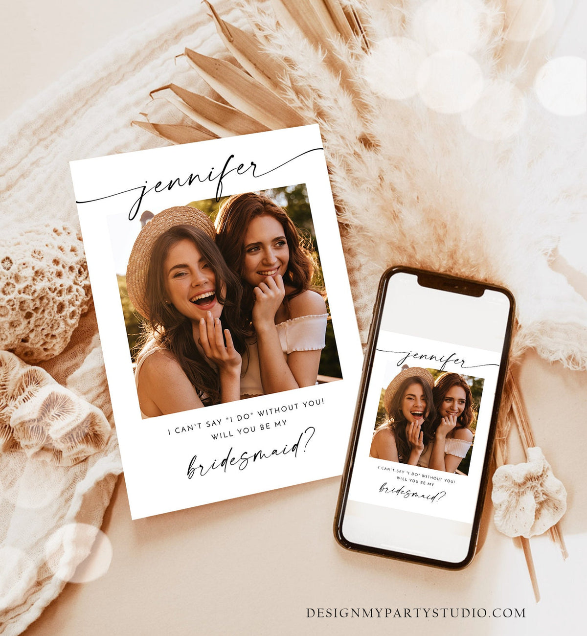 Editable Will You Be My Bridesmaid Card Proposal Photo Card Boho Rustic Modern Minimalist Wedding Calligraphy Evite Template Printable 0493