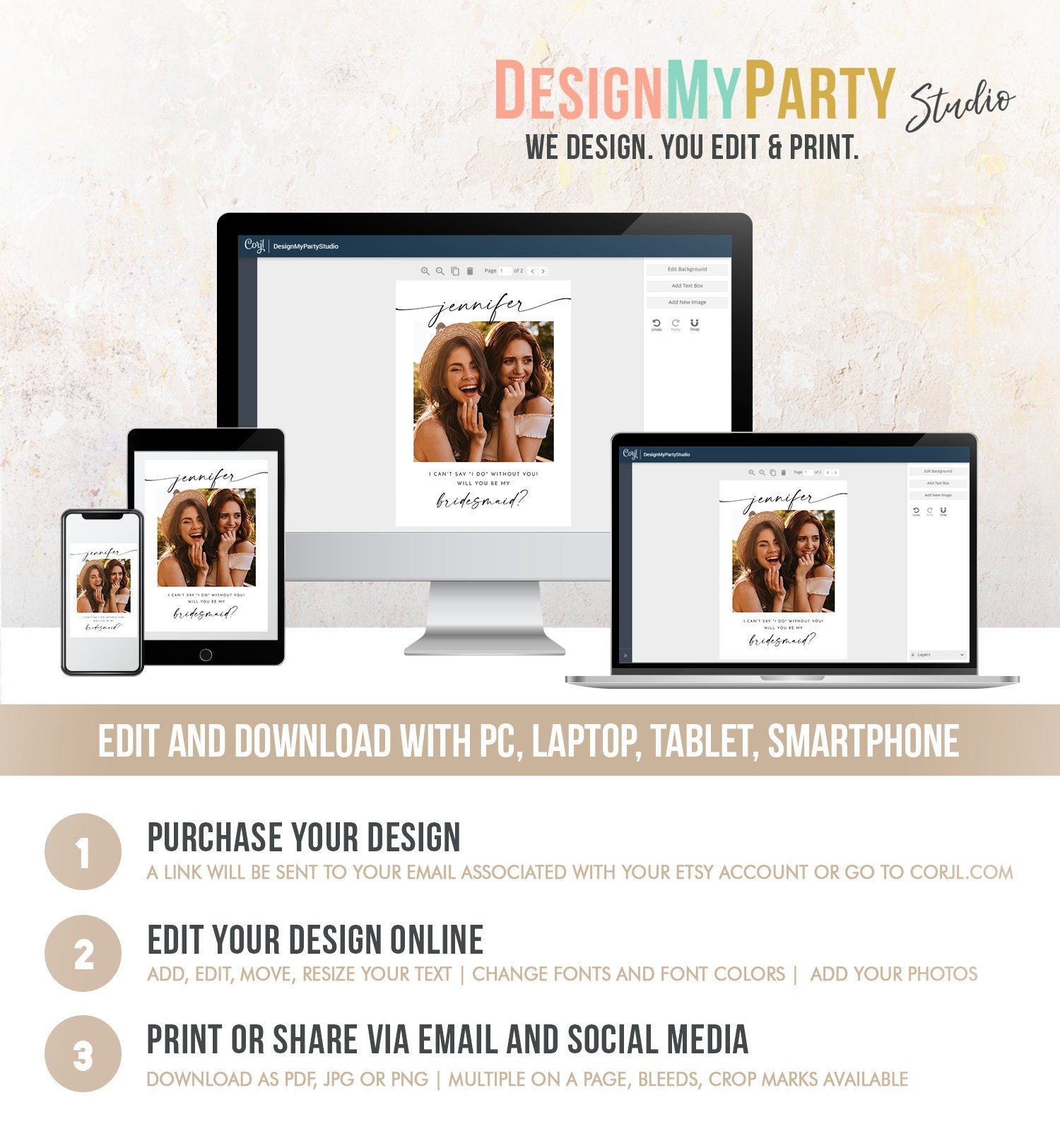 Editable Will You Be My Bridesmaid Card Proposal Photo Card Boho Rustic Modern Minimalist Wedding Calligraphy Evite Template Printable 0493