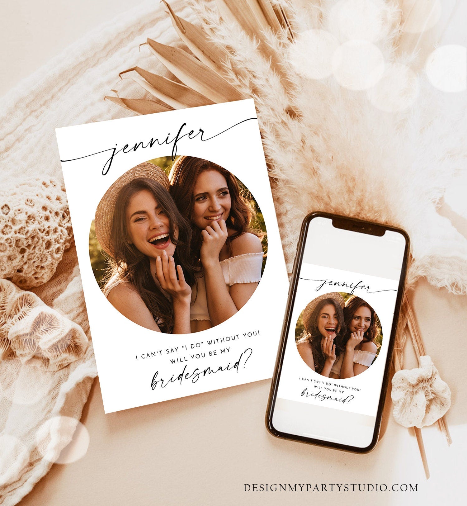 Editable Will You Be My Bridesmaid Card Proposal Photo Card Boho Rustic Modern Minimalist Wedding Calligraphy Template Printable 0493