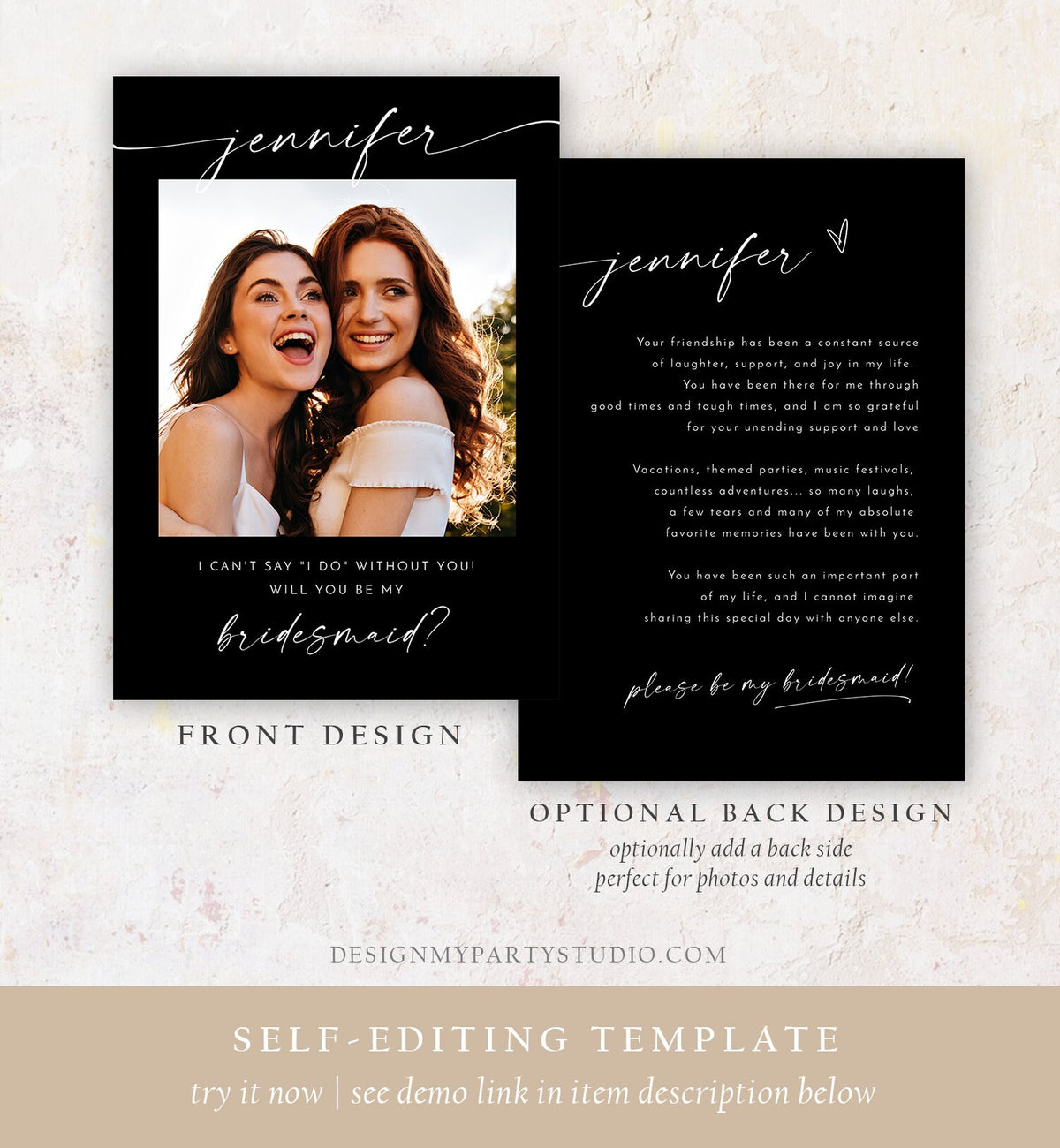 Editable Will You Be My Bridesmaid Card Proposal Photo Card Boho Rustic Modern Minimalist Wedding Calligraphy Template Printable 0493