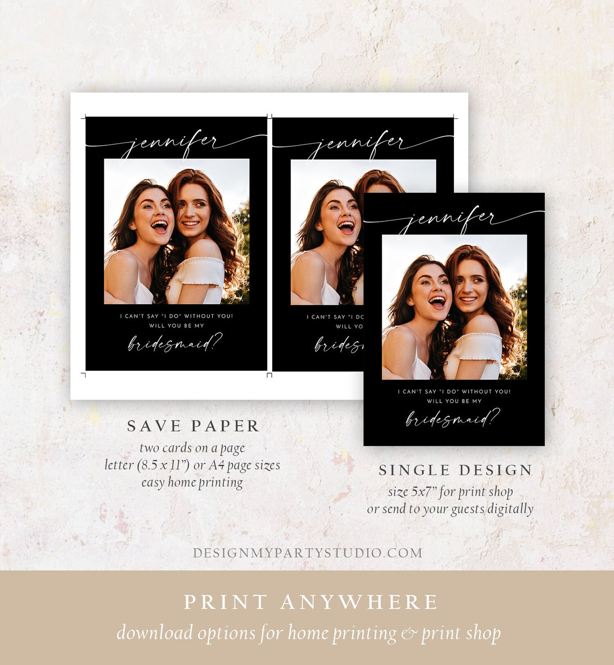 Editable Will You Be My Bridesmaid Card Proposal Photo Card Boho Rustic Modern Minimalist Wedding Calligraphy Template Printable 0493