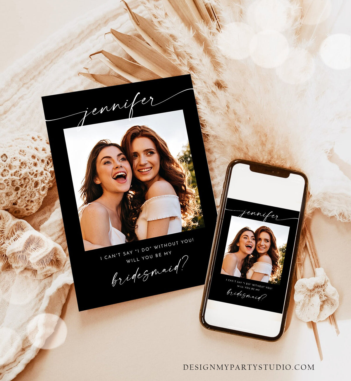 Editable Will You Be My Bridesmaid Card Proposal Photo Card Boho Rustic Modern Minimalist Wedding Calligraphy Template Printable 0493