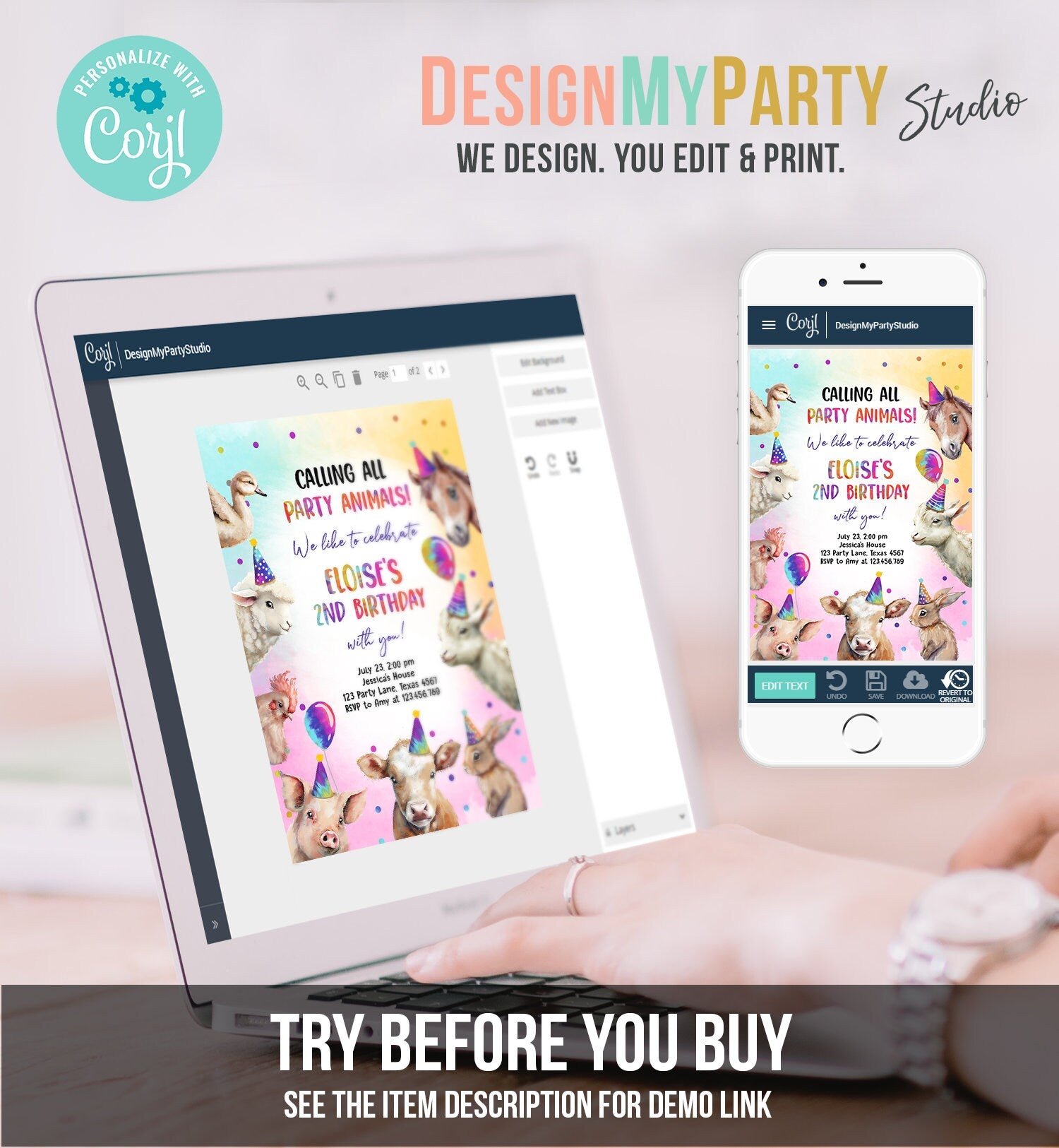 Editable Farm Animals Birthday Invitation Girl Farm Barnyard First Birthday Party Animals Confetti Digital Download Template Printable 0483