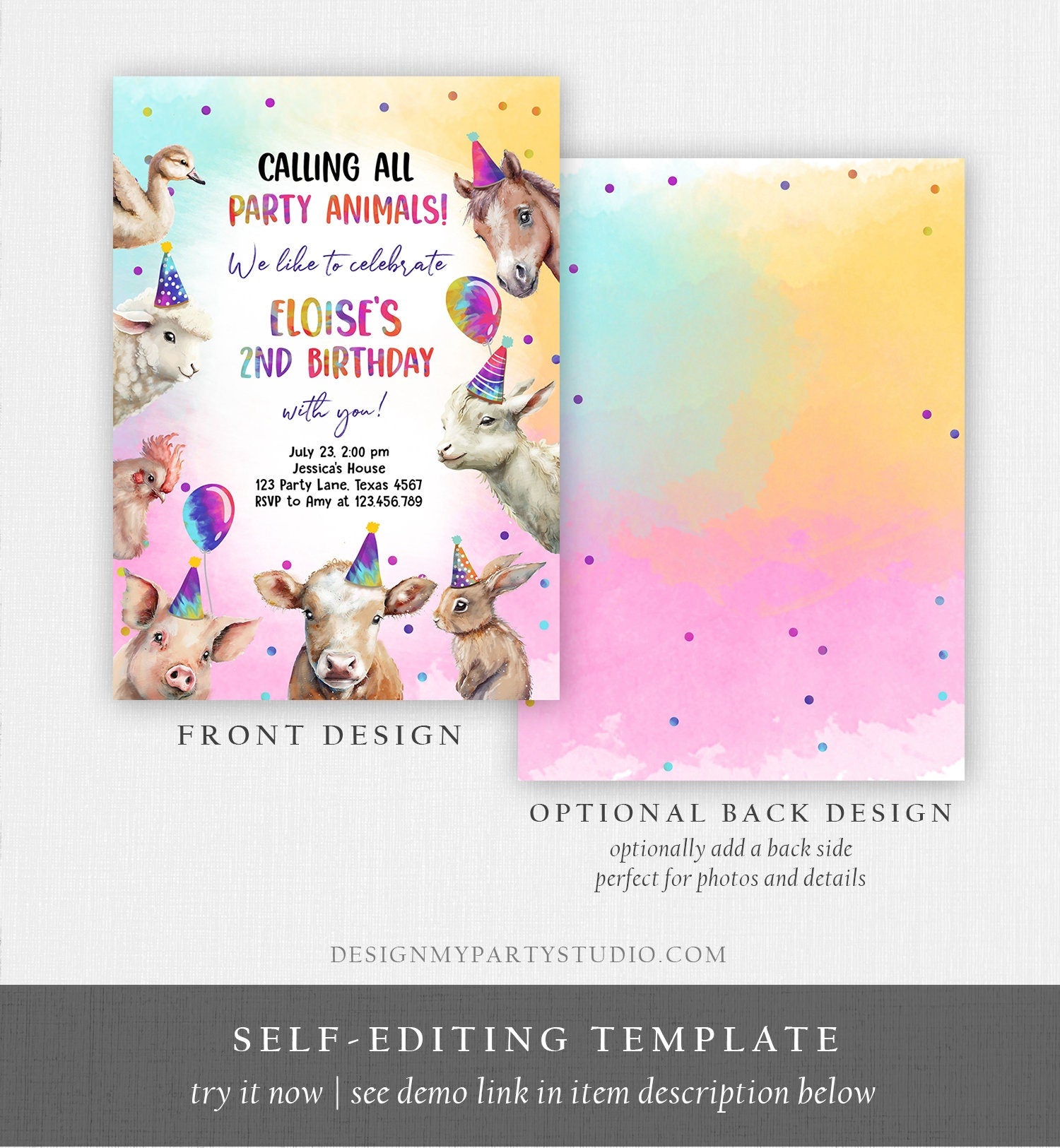 Editable Farm Animals Birthday Invitation Girl Farm Barnyard First Birthday Party Animals Confetti Digital Download Template Printable 0483