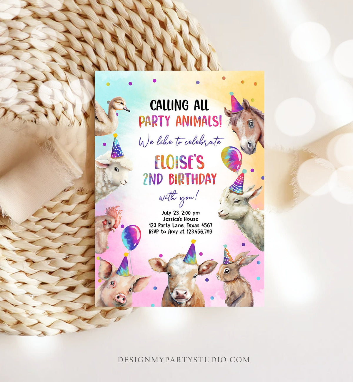 Editable Farm Animals Birthday Invitation Girl Farm Barnyard First Birthday Party Animals Confetti Digital Download Template Printable 0483