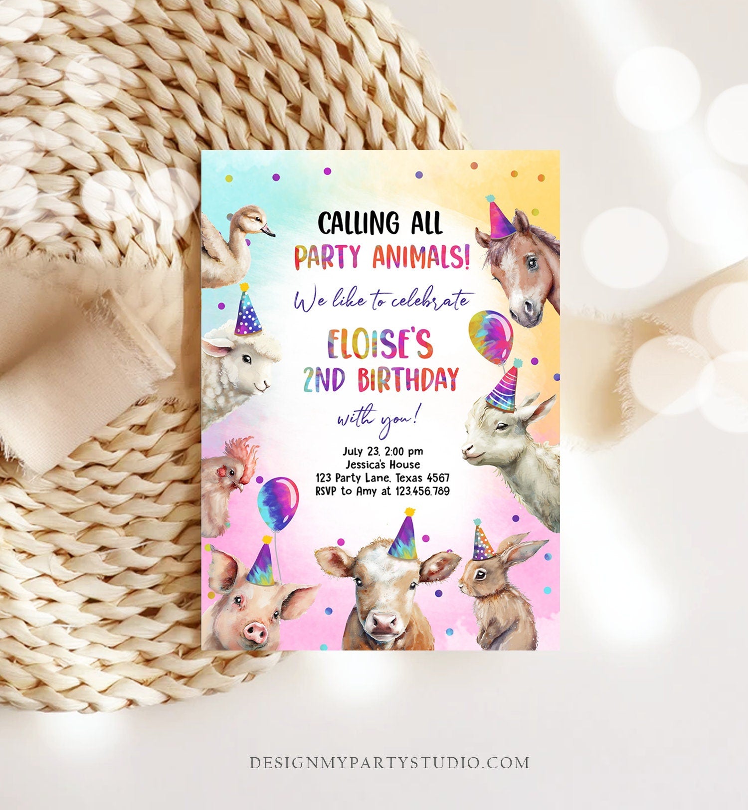 Editable Farm Animals Birthday Invitation Girl Farm Barnyard First Birthday Party Animals Confetti Digital Download Template Printable 0483