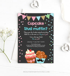 Editable Cupcake or Stud Muffin Gender Reveal Party Invitation Boy or Girl He or She Pink or Blue Download Editable Printable Corjl 0229