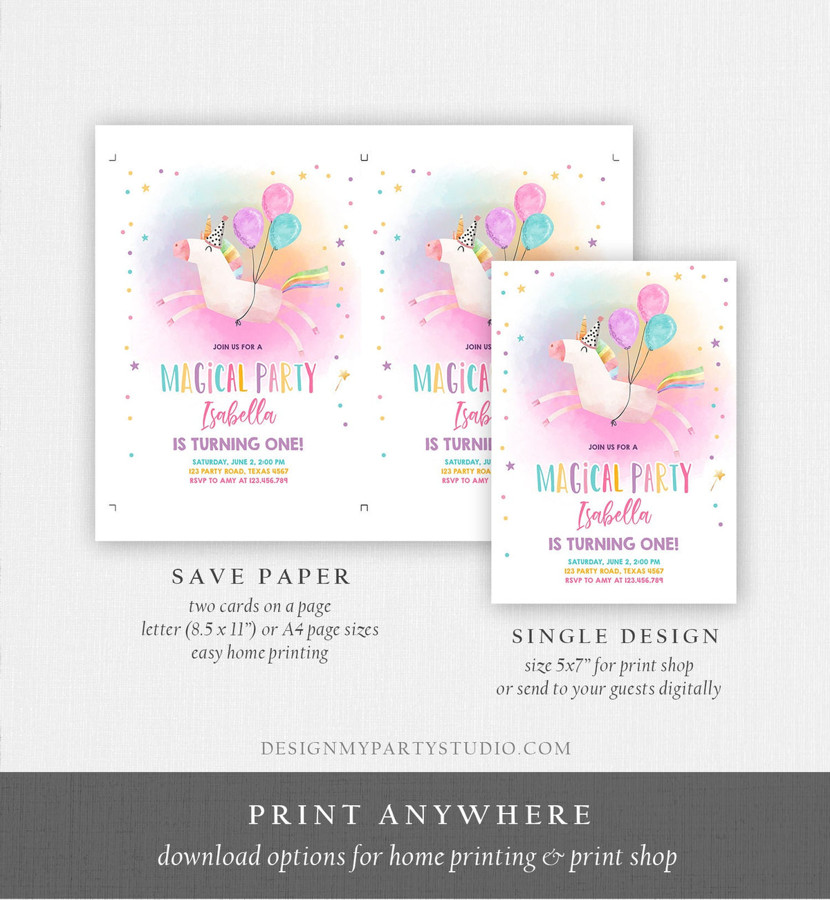 Editable Unicorn Birthday Invitation Magical Party Invite Girl Pink First Birthday Digital Invite Template Rainbow Download Corjl 0336