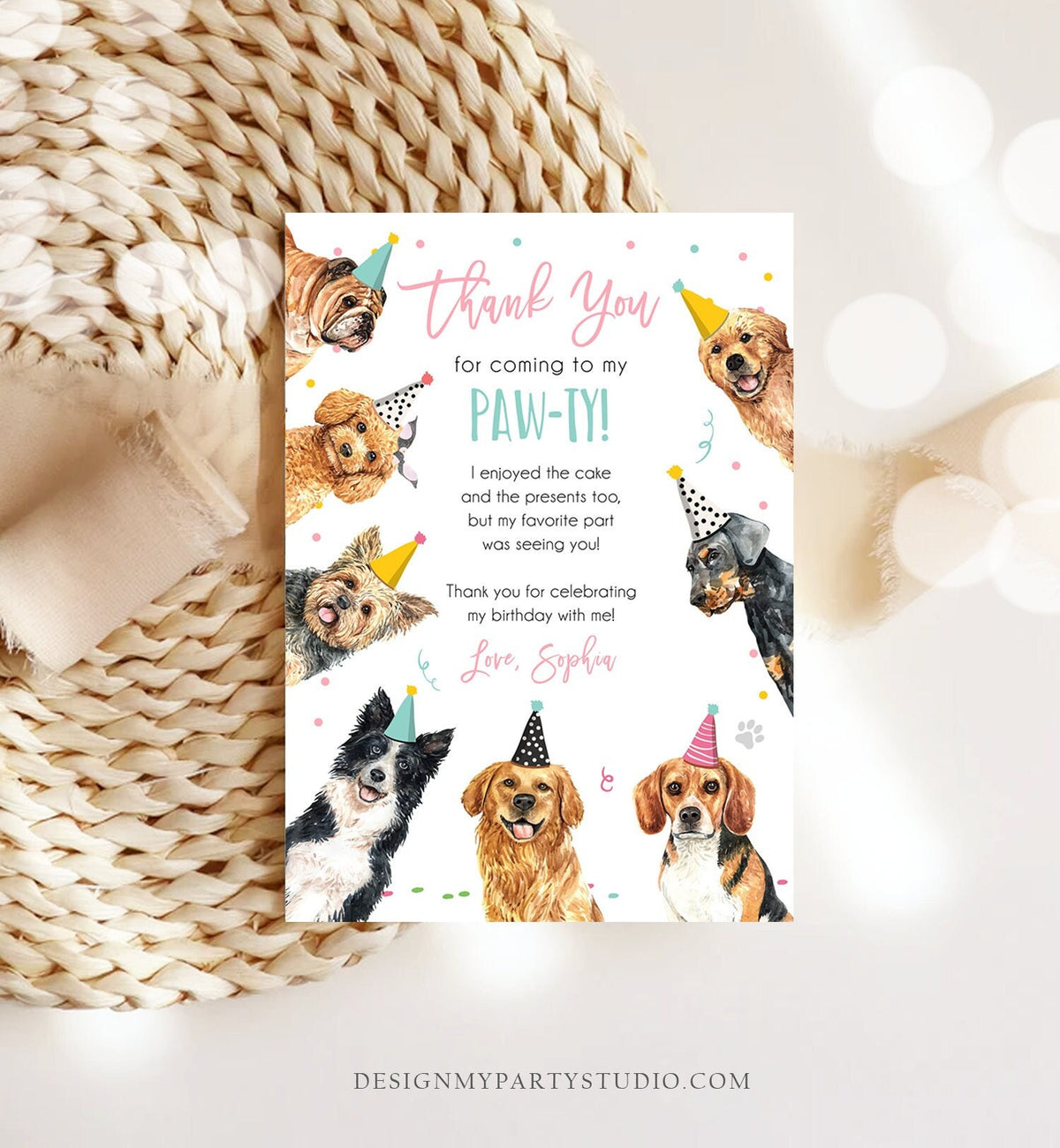 Editable Dog Birthday Thank You Card Puppy Birthday Invite Pink Girl Pawty Birthday Animal Pet Vet Digital Download Template Printable 0384