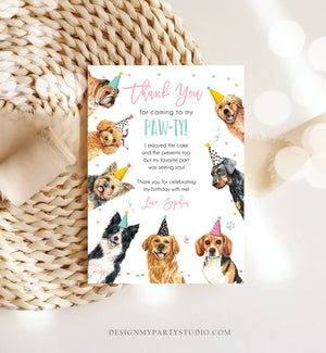 Editable Dog Birthday Thank You Card Puppy Birthday Invite Pink Girl Pawty Birthday Animal Pet Vet Download Printable Template Corjl 0384