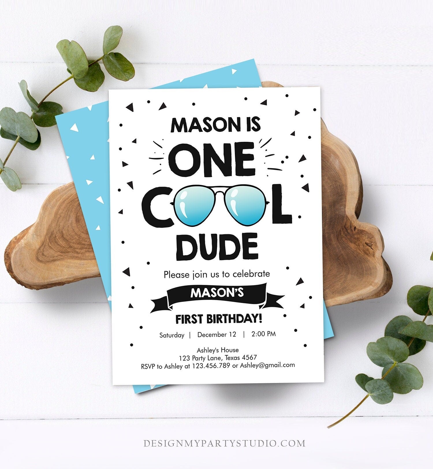 Editable One Cool Dude 1st Birthday Invitation Boy First Birthday Party Sunglasses Pilot Pool Cool One Printable Corjl Template 0136