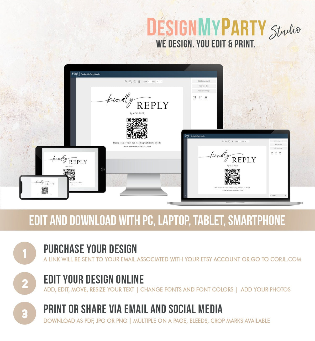 Editable Minimalist Modern Wedding RSVP Card RSVP Online QR Code Response Card Boho Rustic Modern Calligraphy Template Printable 0493